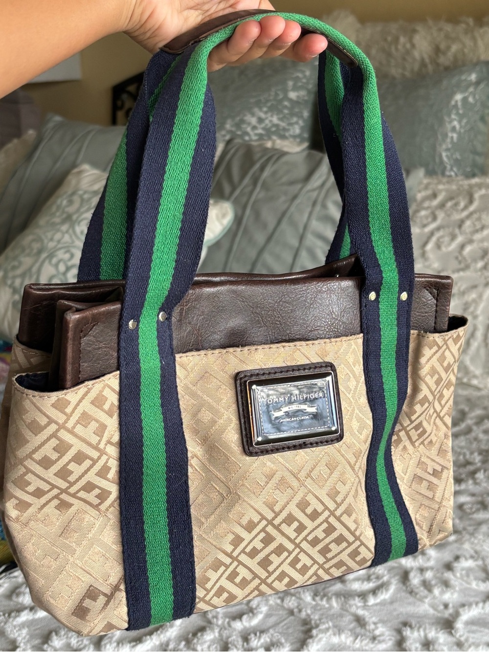 Tommy Hilfiger Beige Monogram Tote with Green & Navy Striped Webbing Handles
